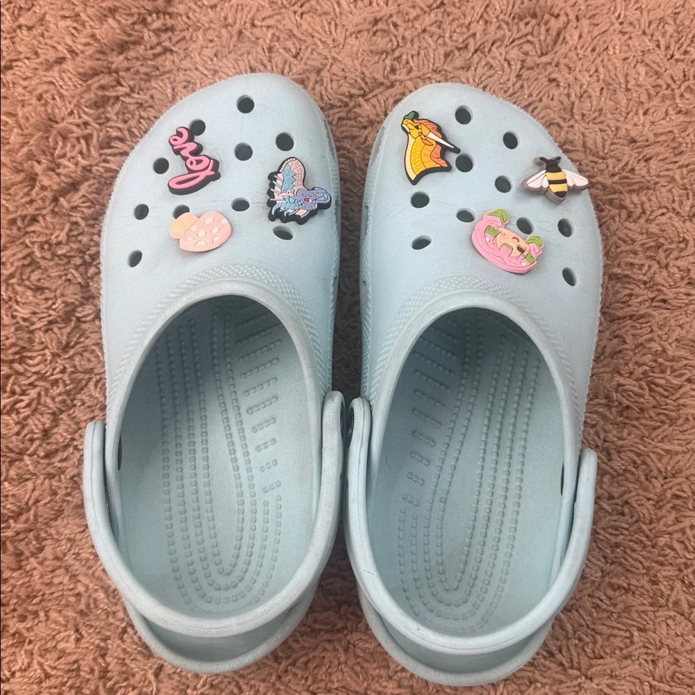 CROCS Kids Girls Sky Blue Clogs with Playful Charms Size J5